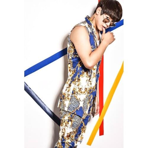 Nightclub host stage performance suit casual leopard print suit jazz dance Korean style slim waistcoat suit