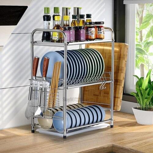 Kitchen Storage Rack Stainless Steel Seasoning Dishes Tableware Storage Rack Table Top Multi Layer Cupboard Rack Drain Rack Hous
