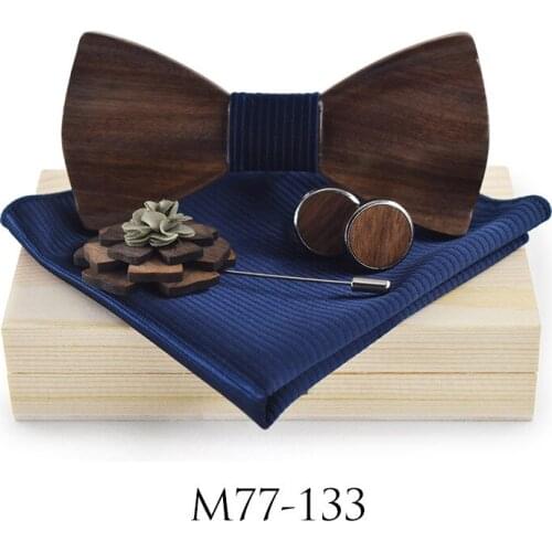 Linbaiway Mens Wood Bowties Set for Man Hankies Bow Ties Cufflinks Brooches Wedding Business Butterfly Wooden Tie Handkerchief