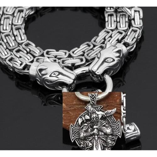 Men stainless steel viking oidn wolf head with thor hammer MJOLNIR pendant necklace -KING Chain