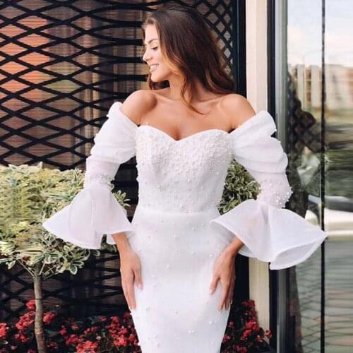 Fancy Beading Ruched Organza Bandage Femme Dress Slash Neck Pearl Embellished See Through Flare Sleeve Bodycon Maxi Party Dress