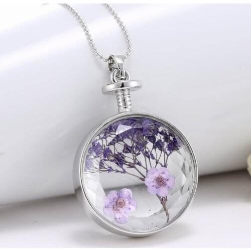 Natural Dried Flowers Necklace Pendant Pressed Lavender Glass Plants Jewelry