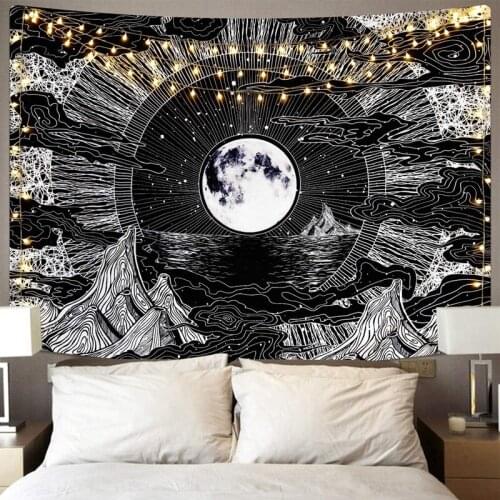 Moon and Star Tapestry Clouds Tapestries Black Tapestry Psychedelic Mountain Tapestry Wall Hang for Room