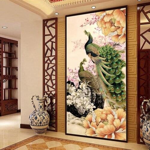 Peacock full paste stone 5D DIY round Diamond Painting Cross Stitch Kits Mosaic crystal Diamond Embroidery Rhinestones 45*90cm