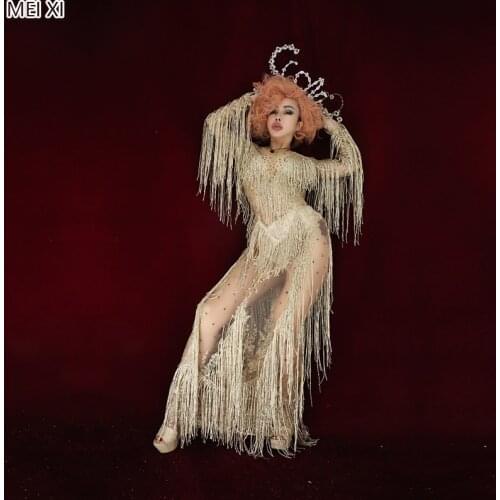 Sexy gold see-through mesh rhinestone fringed dress birthday celebration party party evening dress concert dance singer costume