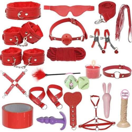 20pcs Sexy Leather BDSM Kit Sex Slave Suit Bed Games Handcuffs Whip Gag Nipple Clip Couples Fetish Bondage Rope Flirting props
