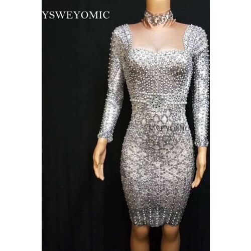 Grey Fashion Pearls Rhinestones Dress Evening Party Wear Long Sleeves Prom Nude Gray Dress Singer Birthday Celebrate Dresses