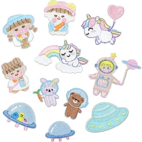 Lovely Girls Embroidery Patches Self-adhesive Cartoon Space Women Stickers No Ironing Cute Stick-on Appliques for Clothing