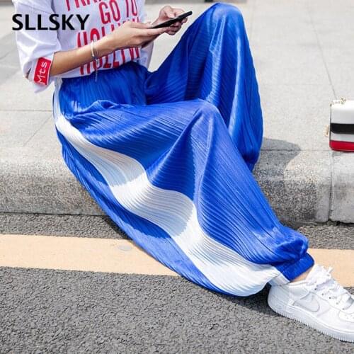 SLLSKY Pleated Hip Hop Pants Women Spring Fashion Plus Size Loose Female Pencil Pants Elastic High Waist Sports Jogger Pants