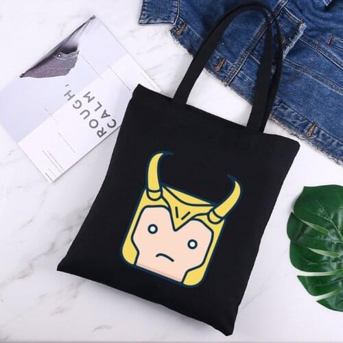 Loki Shopping Bag Women Canvas Tote Bags Printing Eco Bag Cartoon Shopper Shoulder Bags Black