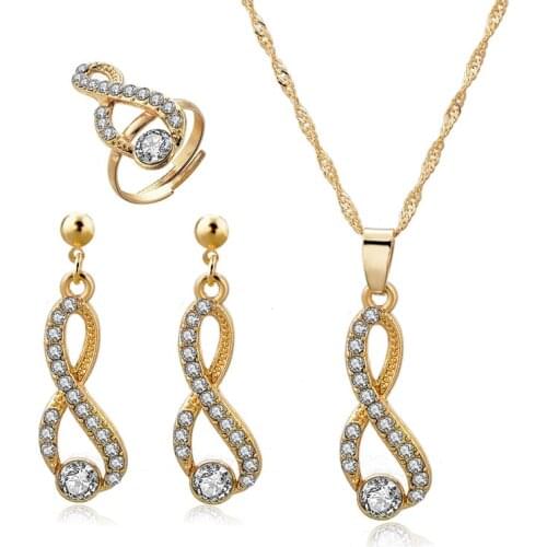 Szelam Zinc Alloy Gold Rings Dangle Earrings Rhinestone Necklace Set Jewelry For Woman SET190008