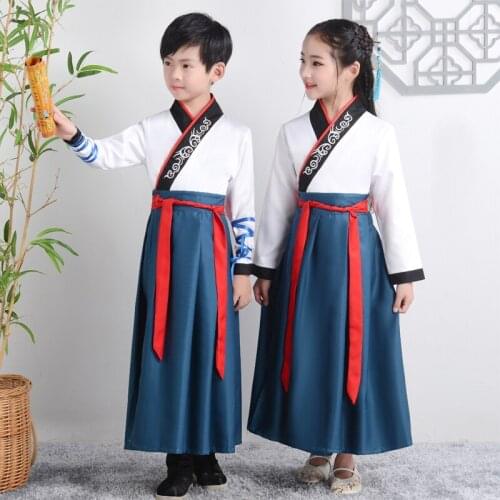 Oriental Chinese Retro Boy and Girls Dress Traditional Dance Costumes Embroidery Hanfu Tang Suit Stage Performance