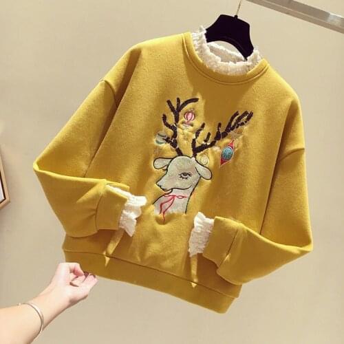 Women Christmas Hoodie With Fleece Inside High Quality O Neck Lace Collar Oversize Style Candy Colors Available Pullover