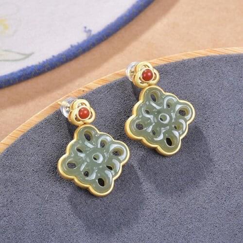 Natural Hetian Jade S925 Sterling Silver Fashion Classical Hanfu Cheongsam Match Hollow Pattern Ladies Eardrop Earring