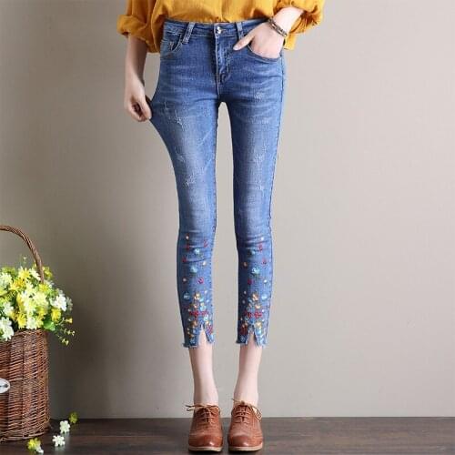 2021 Autumn Spring Flower Embroidery Skinny Jeans Woman Vintage Full-length Pencil Pants Elastic Denim Trousers Plus Size A43