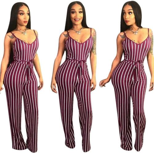 Women Spaghetti Strap Stripe Print Long Jumpsuit Casual Summer Club with Belt