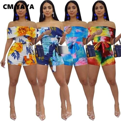 CM.YAYA Off Shoulder Butterfly Sleeve Floral Playsuit Bodycon Rompers for Women Short Jumpsuit Beach Active Summer Outfit