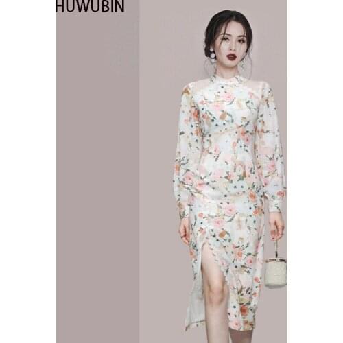 2021 Korean Version Light Luxury Temperament Autumn New Womens Wear Long Sleeve Round Neck Broken Flowers Slim Split Dress