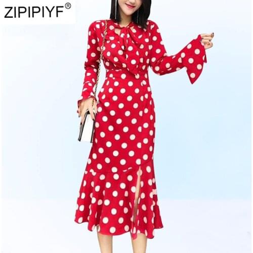 2019 New Women Dress Stand Neck Lady Dress Casual Female Flare Sleeve A-Line Dress Bodycon Elegant Dot Printing Dresses K568