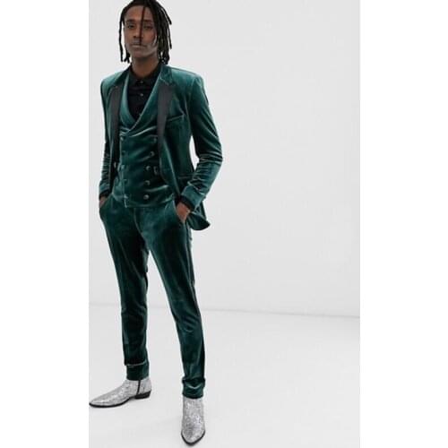 2021 Green Velvet One Button Groomsmen Peak Lapel Wedding Groom Tuxedos Men Suits Wedding/Prom/Dinner Best Man (Blazer+Pants