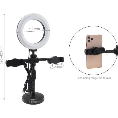 6 Inch 16cm LED Selfie Ring Light with Desktop Stand 2pcs Mobile Phone Clips Holders 3000-5800K Fill Light for Makeup Live Video