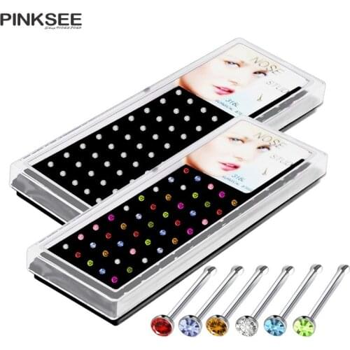 60pcs Crystal Rhinestone Nose Ring Stud Surgical Stainless Nose Piercing Stud Ear Bone Needle Earrings Body Jewelry