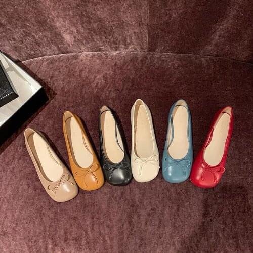 Womens Shoes Genuine Leather Ballet Flats Butterfly-knot Casual Shoes New Fashion Soft Shoes Square Toe Shoes Large Size 34-40