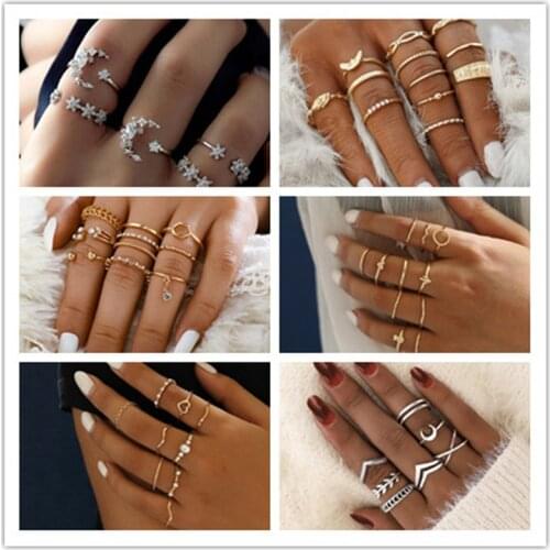 Bohemian Geometric Rings Sets Clear Crystal Star Moon Open Ring Multi-style Metal Joint Ring for Women Jewelry Accessories