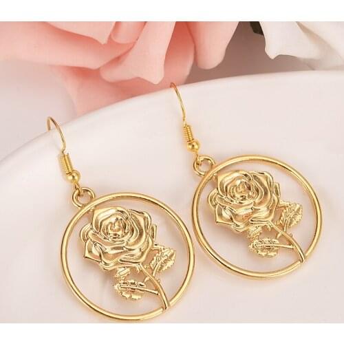 Big round rose Earrings Flower kids drop Earrings for Women/Girls,Gold Color Fashion Charms wedding Jewelry Arab African Gifts