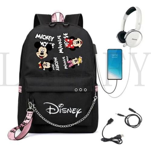 Disney Mickey Mouse Children School Bags For Girls Boys Laptop Backpack USB Charge Travel Bag Pack Black Mochila Mujer