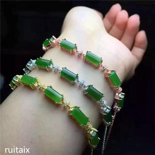 KJJEAXCMY fine jewelry 925 Pure silver inlay natural hetian jasper female style bracelet small wild flowers retro rectangle