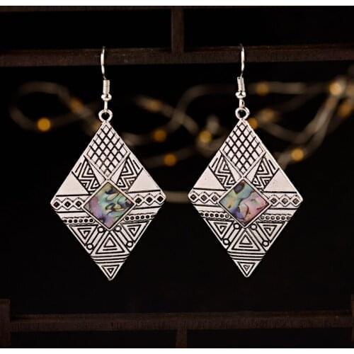 Classic Womens Ethnic Rhombus Jhumka Drop Earrings Fashion Jewelry Summer Trendy Vintage Shell Carved Boho Earrings Oorbellen