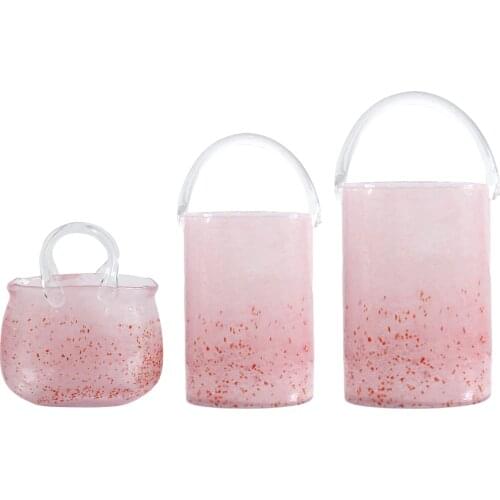 Creative Luxury Glass Bag Vase Shopping Basket with Handle Cherry Pink Flower Arrangement Living Room Outdoor Decor