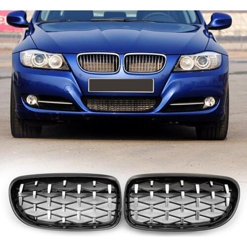 Left Right Chromed Black Diamond Kidney Grille Double Slat Sport Style Gloss Black for BMW E90 E91 3 Series Facelift
