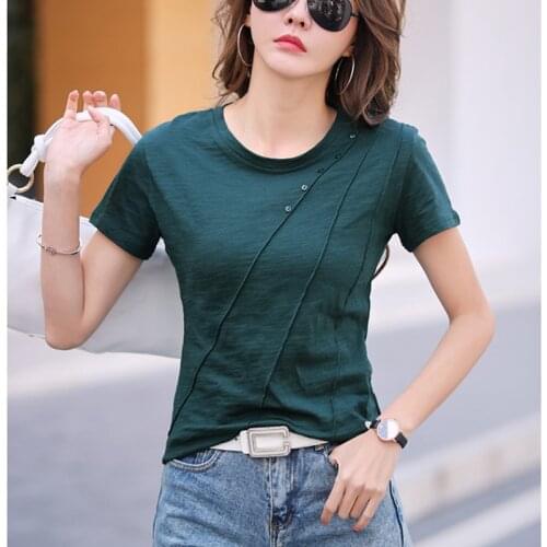 LJSXLS Summer Short Sleeve Womens T-shirt Casual Cotton Tshirts Women Solid Loose Top Femme Coffee O-Neck Tee Shirt Female 2021