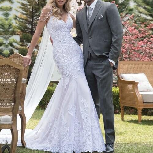 Muriel Lester V Neck Mermaid Wedding Dress With Pearls Beading Bridal Gown Sweep Train Lace Appliques Elegant Bride Dresses W187