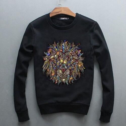 SEVEYFAN Mens Fashion Black Lion Rhinestone Sweatshirts Hoodie