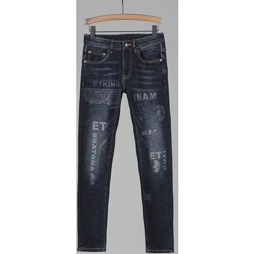 European Street Fashion Men Jeans High Quality Elastic Printed Designer Slim Ripped Jeans Men Skull Embroidery Denim Punk Pants