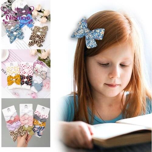 Nishine 4pcs/lot Lovely Flowers Pattern Bowknot Infant Hair Clips Fashion Leopard Print Bows Toddler Bangs Hairpins DIY Headwear