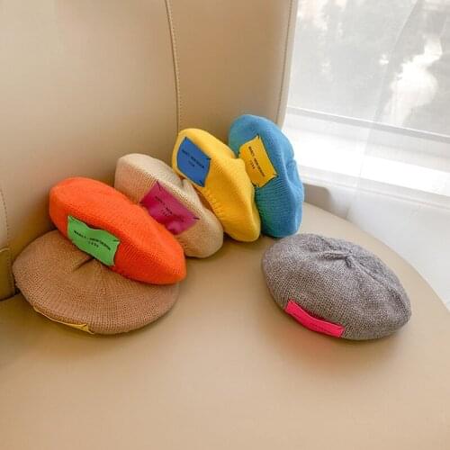 2021 New Children Knitted Beret Hat Autumn and Winter Boys and Girls Baby Concave Shape Navy Hat Color Label Wool Hats