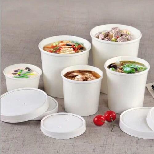 50pcs/pack Large Capacity Disposable White Paper Bowl With Lid Eco Takeaway Food Package Paper Cup Paper Lunch Box