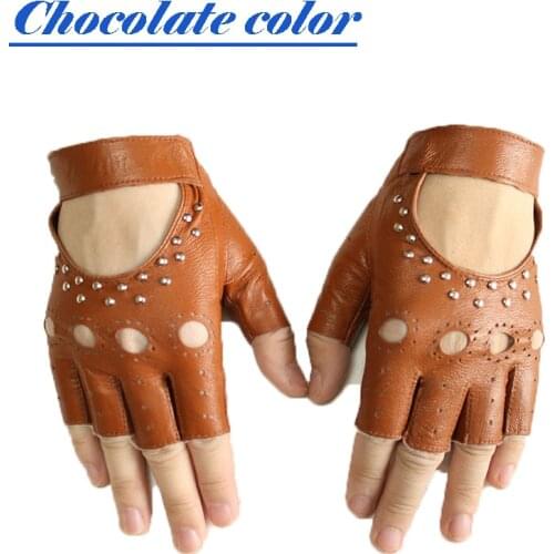 Half Finger Leather Gloves Female sSheepskin Short Fashion Hollow Rivet Style Thin Outdoor Sports Car Driving Locomotive Riding