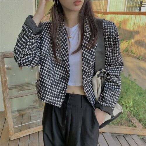 Korean Vintage Blazer Women Fashion Houndstooth Suit Jacket Women Elegant Long Sleeve Female Blazers Slim Ladies Short Coat