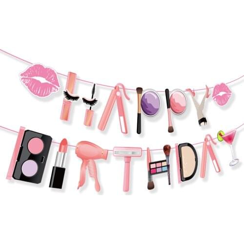 DIY Lipstick Eye Shadow Happy Birthday Banner Make Up Theme Kids Party Favors Baby Shower Wall Hanging Bunting Party Decoration