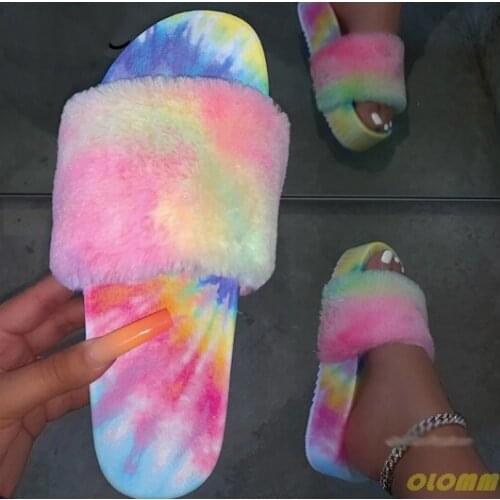 Pre-sell Faux Fur Strap Sliders Fashion Chunky Sole Fox Fur Slippers Platform Slip On Faux Fur Sandals Indoors Furry Shoes