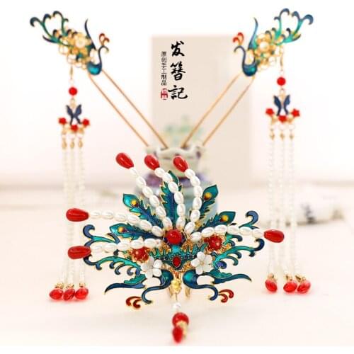 Luxury handmade Chinese retro Bride Phoenix hair crown suit Martial arts fairy headdress Pearl shell hairpin clip