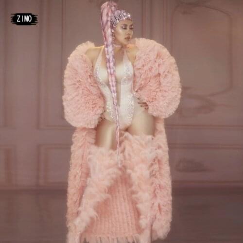 Luxury big coat bodysuit leg warmer pink feather sexy rhinestones birthday outfits for women designer drag queen stage clothes