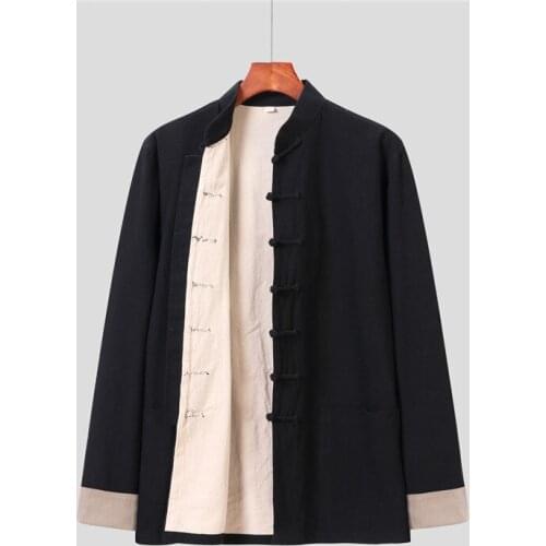 Chinese Style Shirt Retro Autumn Solid Tang Suit Linen Men Buckle Casual Coat Double Layer Thick New Jacket