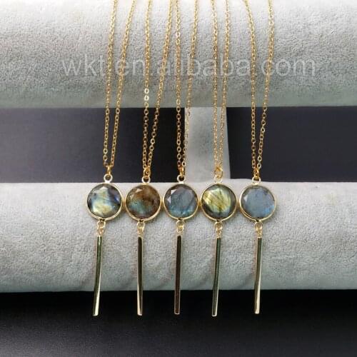WT-N918 Wholesale Custom Elegant Labradorite With Long Charm Necklace Gold trim Edge Labradorite Necklace With Gold