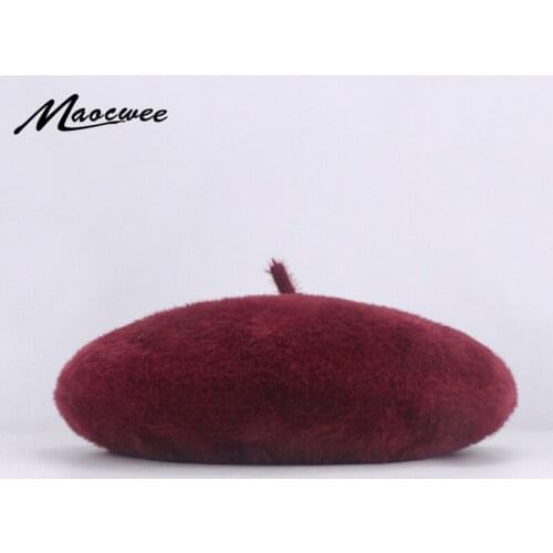 Female Raccoon Fur Beret Hat Warm Soft Spring Autumn British Vintage Style Knit Newsboy Cap Casual Solid Color Women Mink Hat